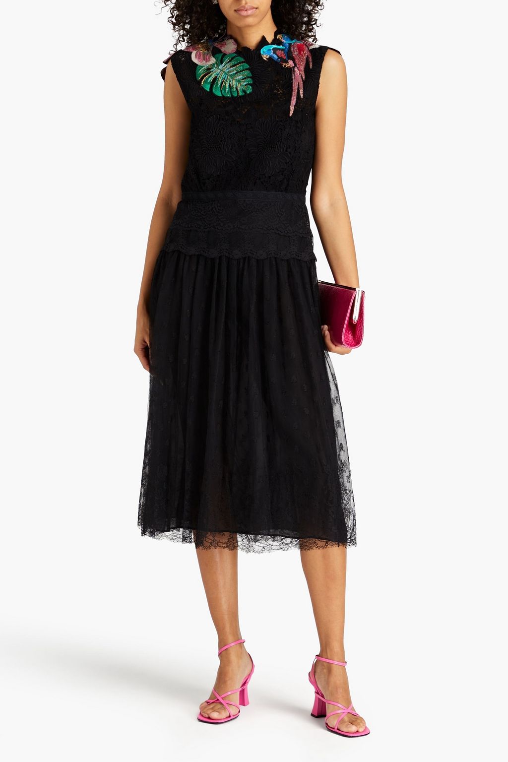 VALENTINO GARAVANI Embellished silk-blend tulle and crocheted lace midi dress