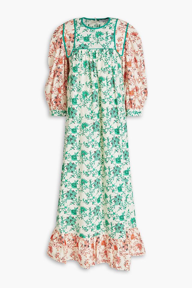 Gathered floral-print fil coupé cotton midi dress