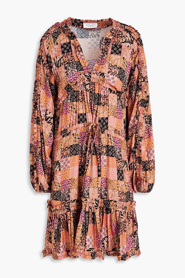 Jenna patchwork-effect gathered twill mini dress