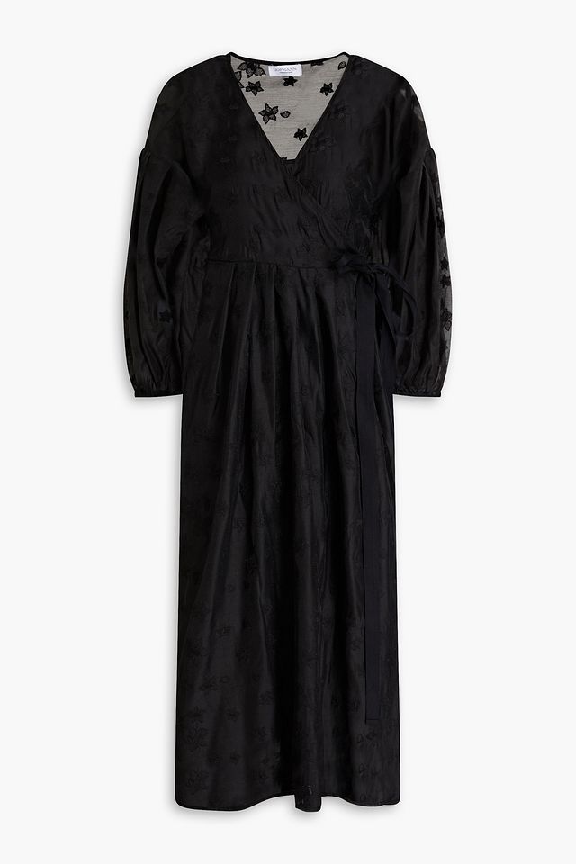 Nela pleated embroidered organza midi wrap dress
