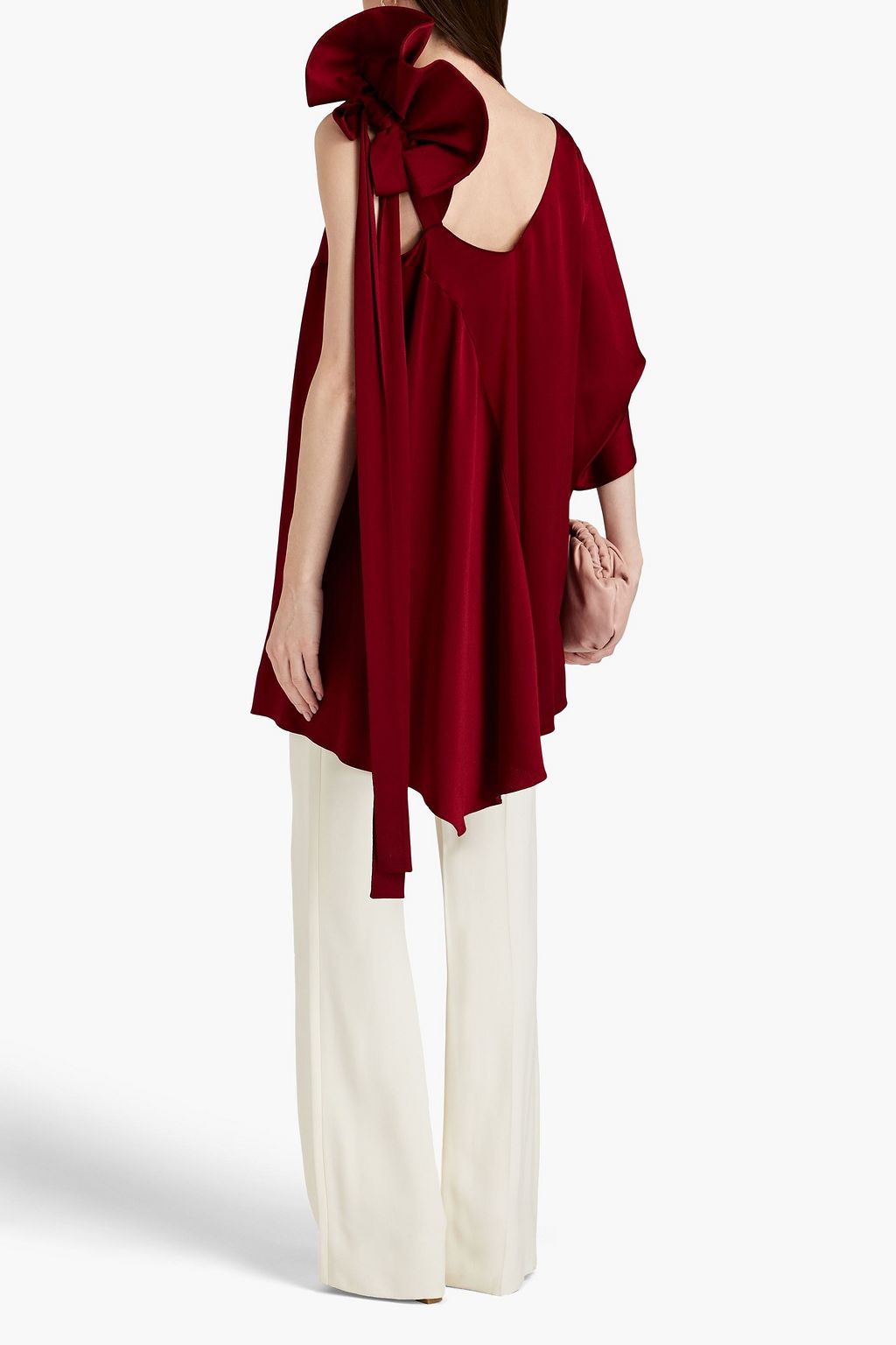 VALENTINO GARAVANI One-sleeve asymmetric ruffled hammered-satin top
