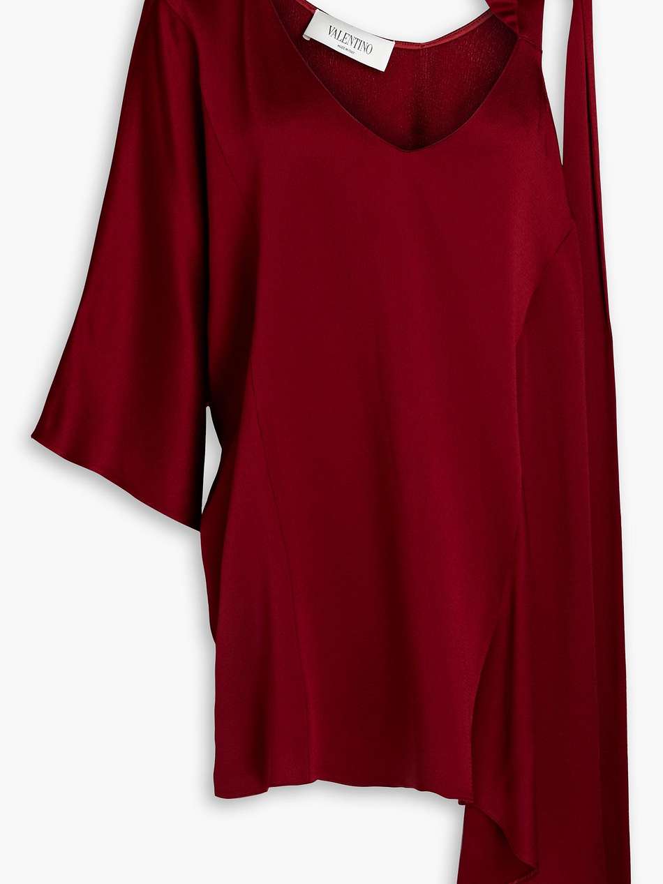 one-sleeve asymmetric ruffled hammered-satin top