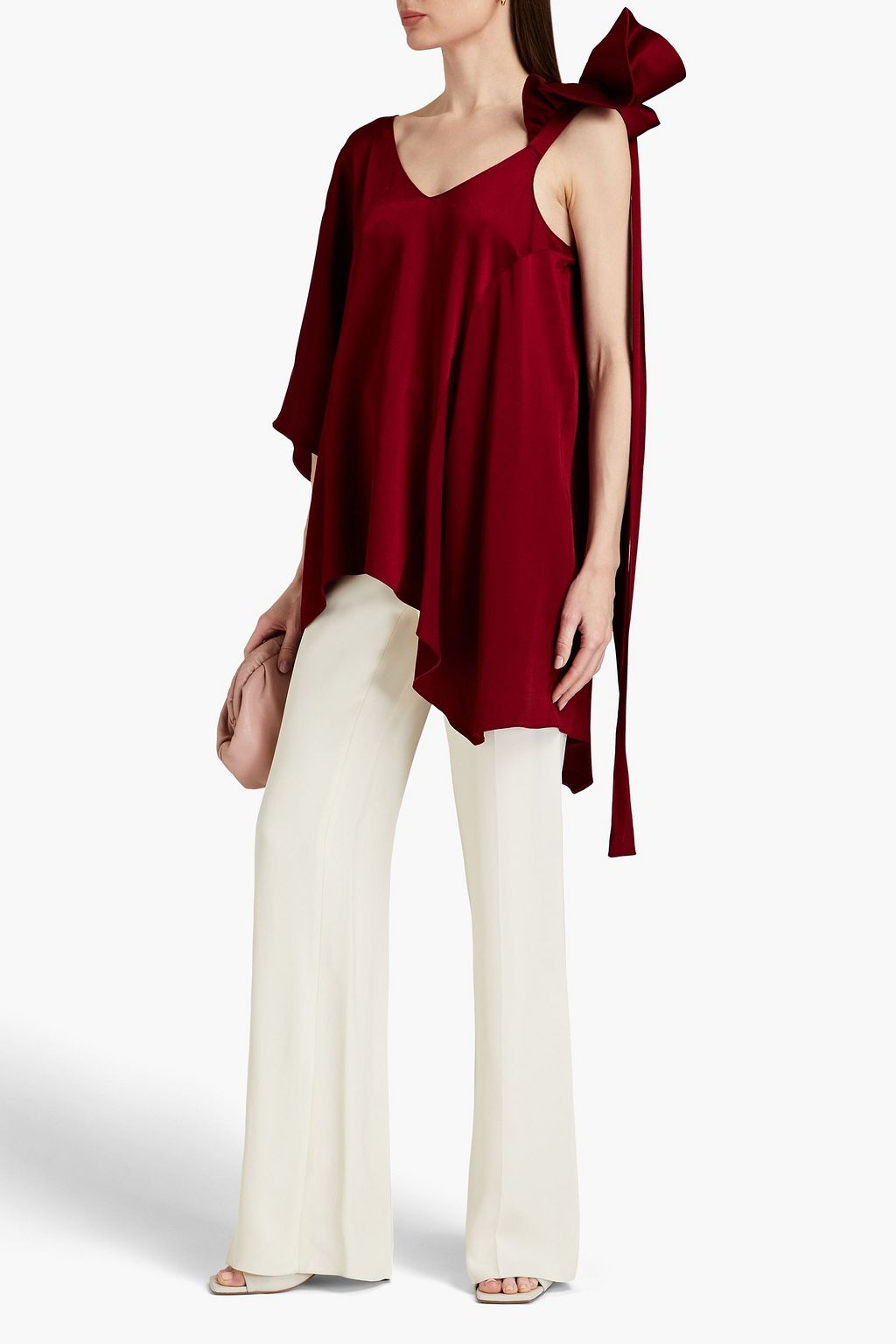 VALENTINO GARAVANI One-sleeve asymmetric ruffled hammered-satin top