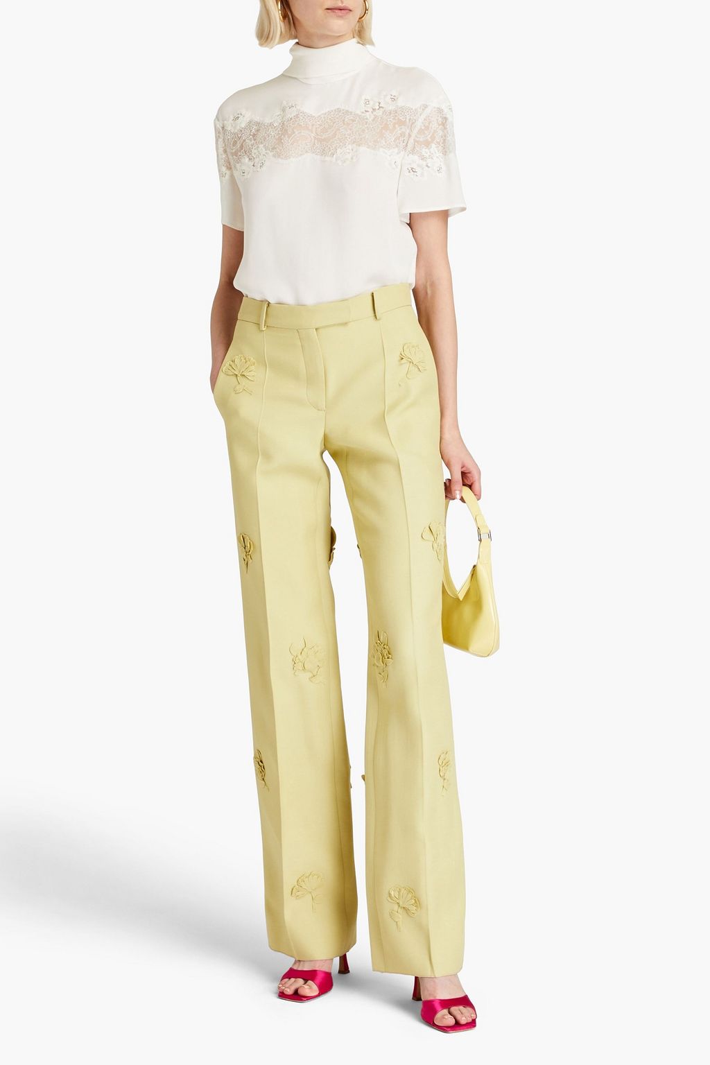 VALENTINO GARAVANI Lace-trimmed silk crepe de chine top