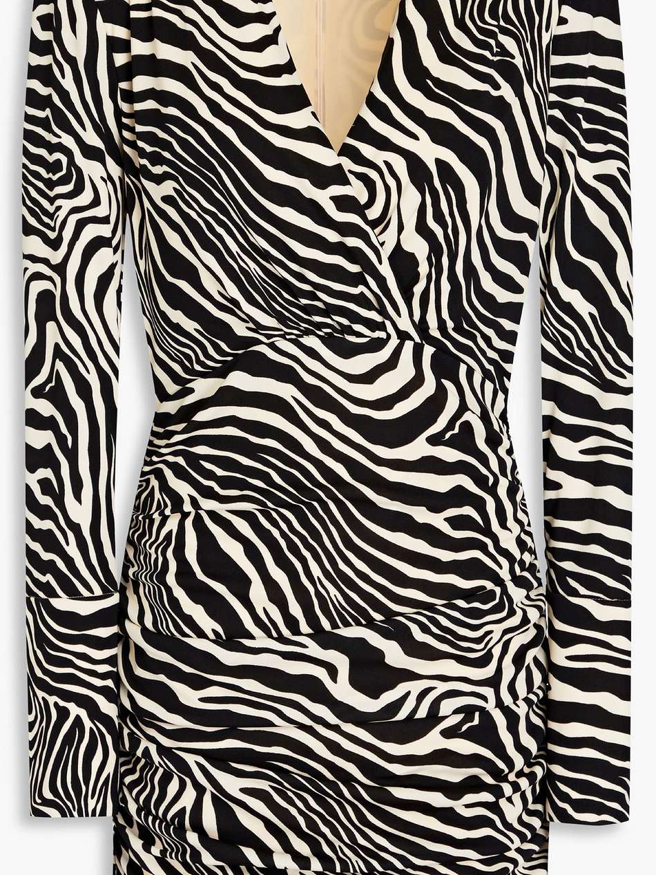 mariana wrap-effect ruched zebra-print jersey mini dress