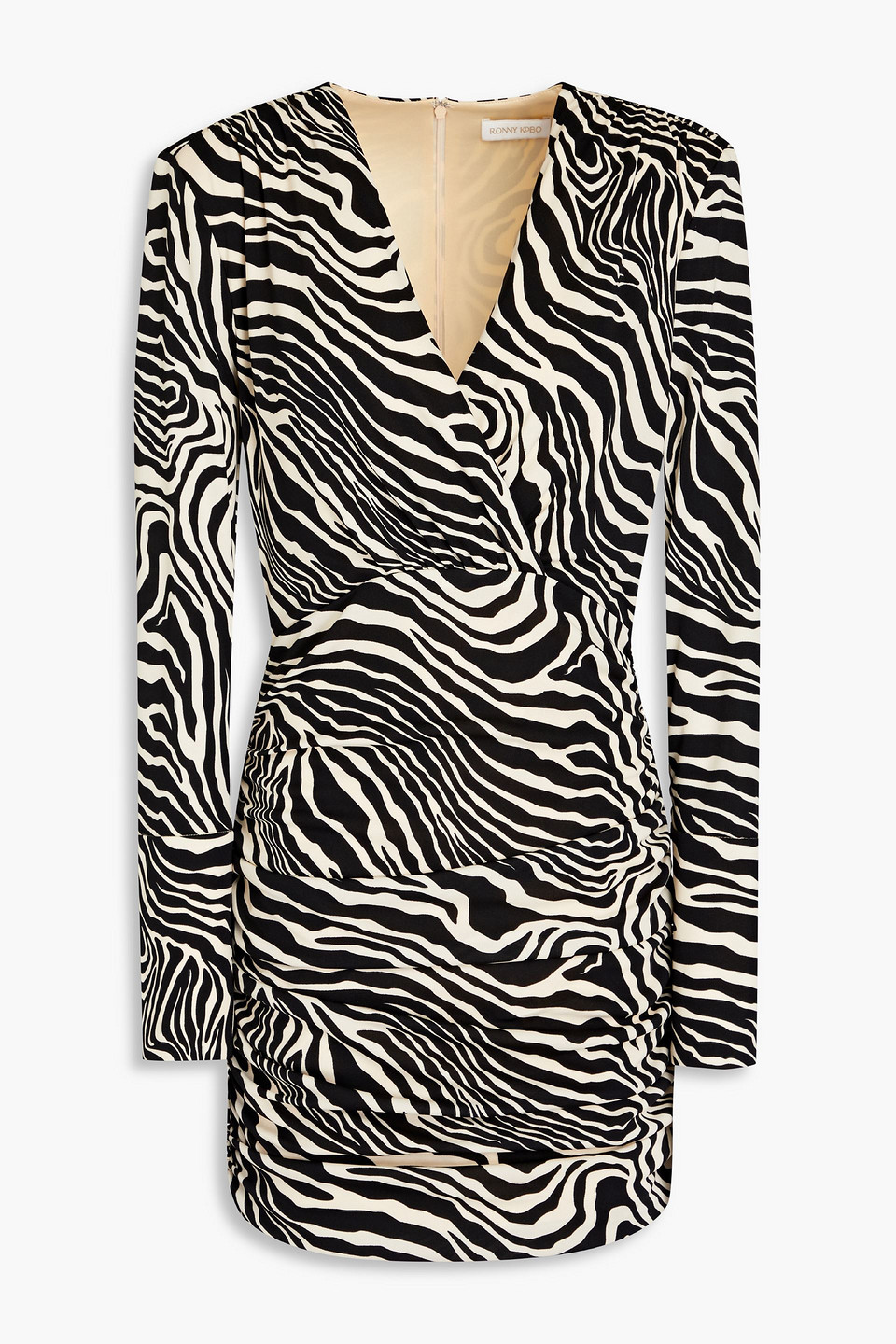 Ronny Kobo Mariana Wrap-effect Ruched Zebra-print Jersey Mini Dress In Animal Print