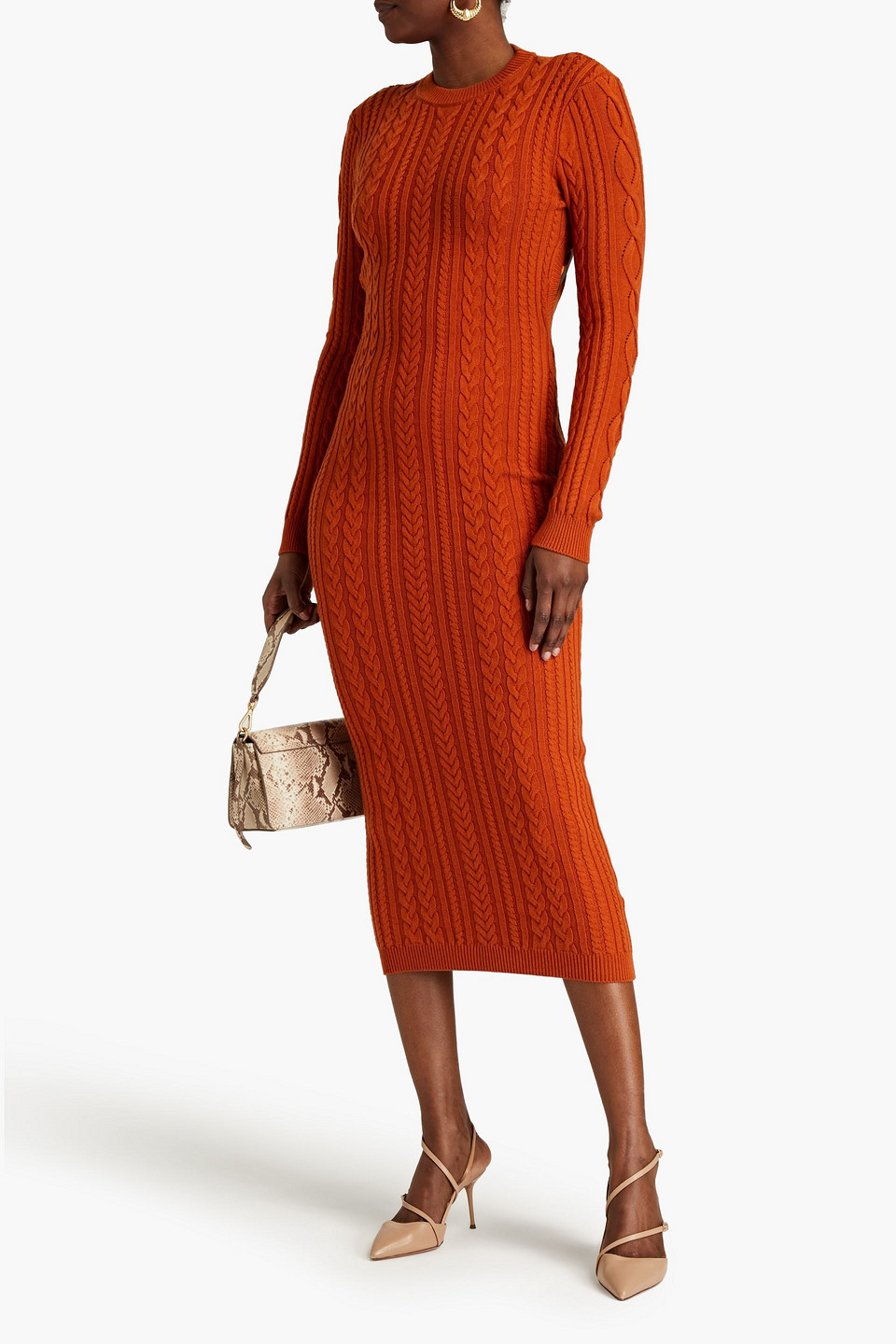 Shop Ronny Kobo Eire Open-back Cable-knit Midi Dress In Brick