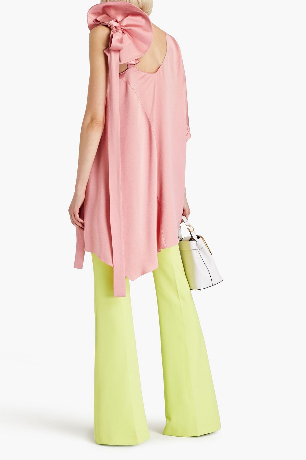 VALENTINO Asymmetric bow-embellished hammered-satin top