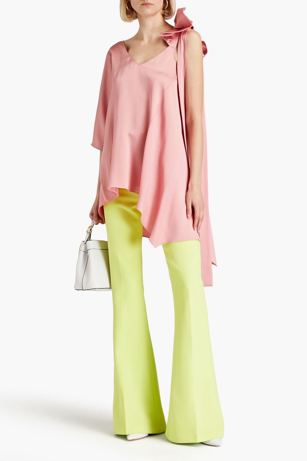 VALENTINO Asymmetric bow-embellished hammered-satin top