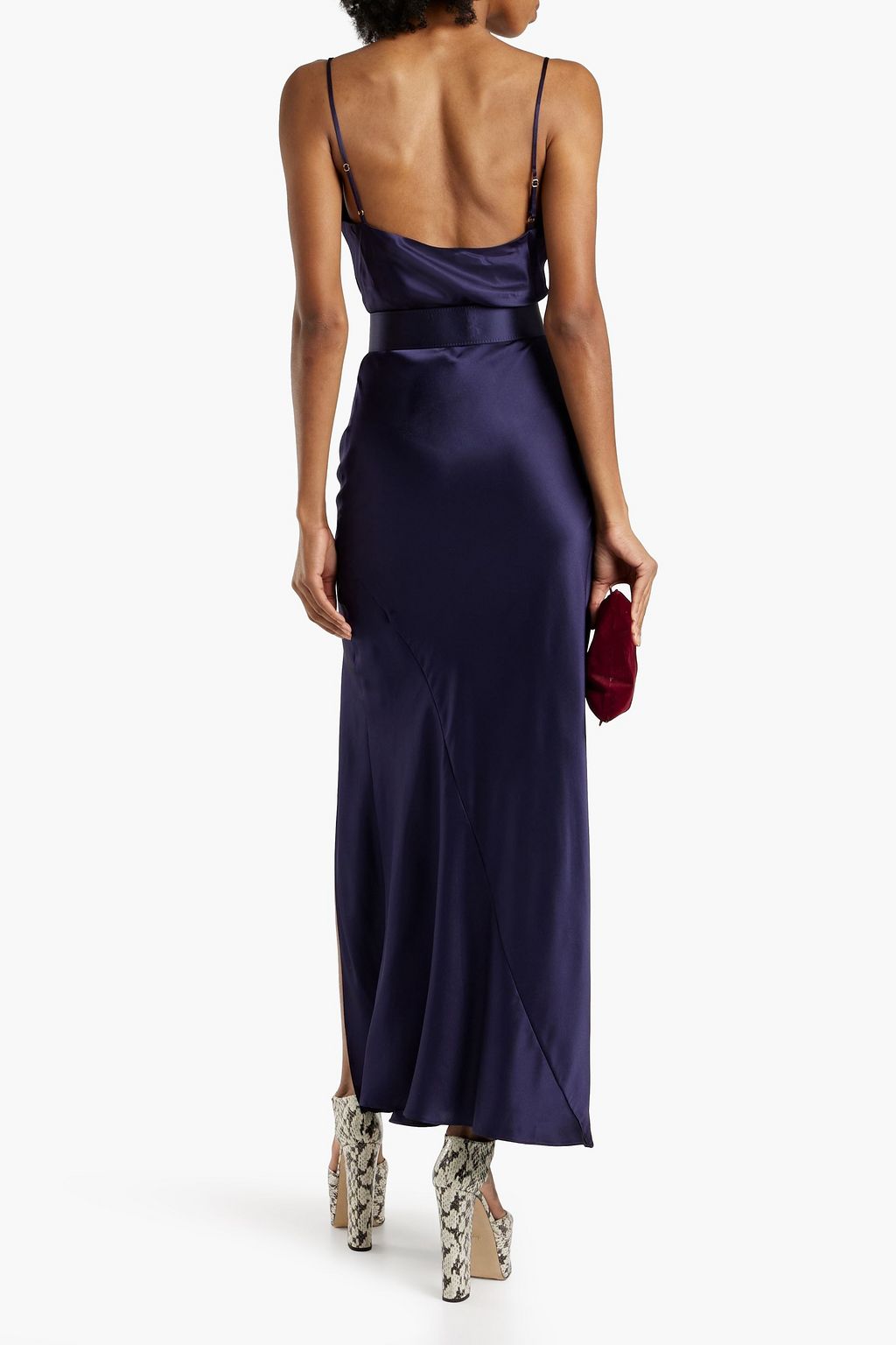 Midnight blue Simone draped belted silk-satin midi dress | NICHOLAS ...