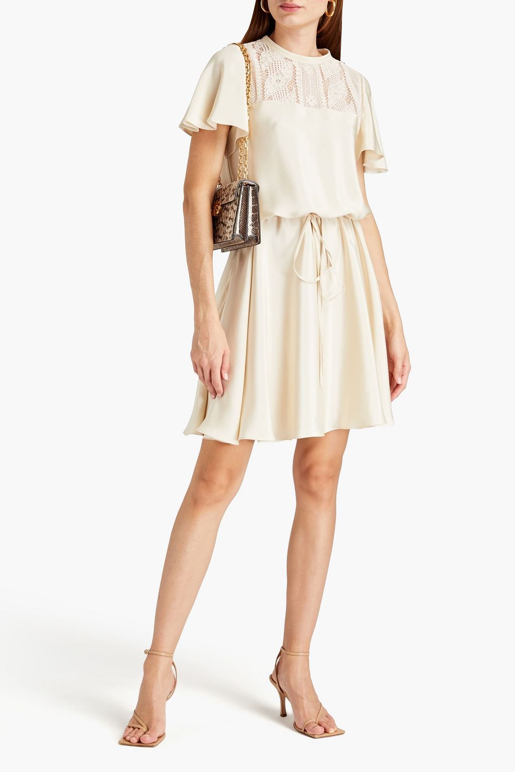 VALENTINO GARAVANI Lace-paneled gathered silk-satin dress