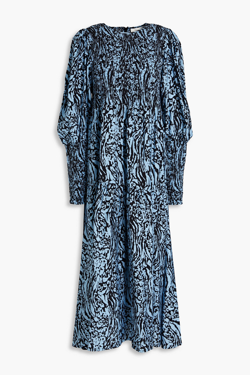 Gestuz Morianagz Shirred Printed Woven Midi Dress In Blue