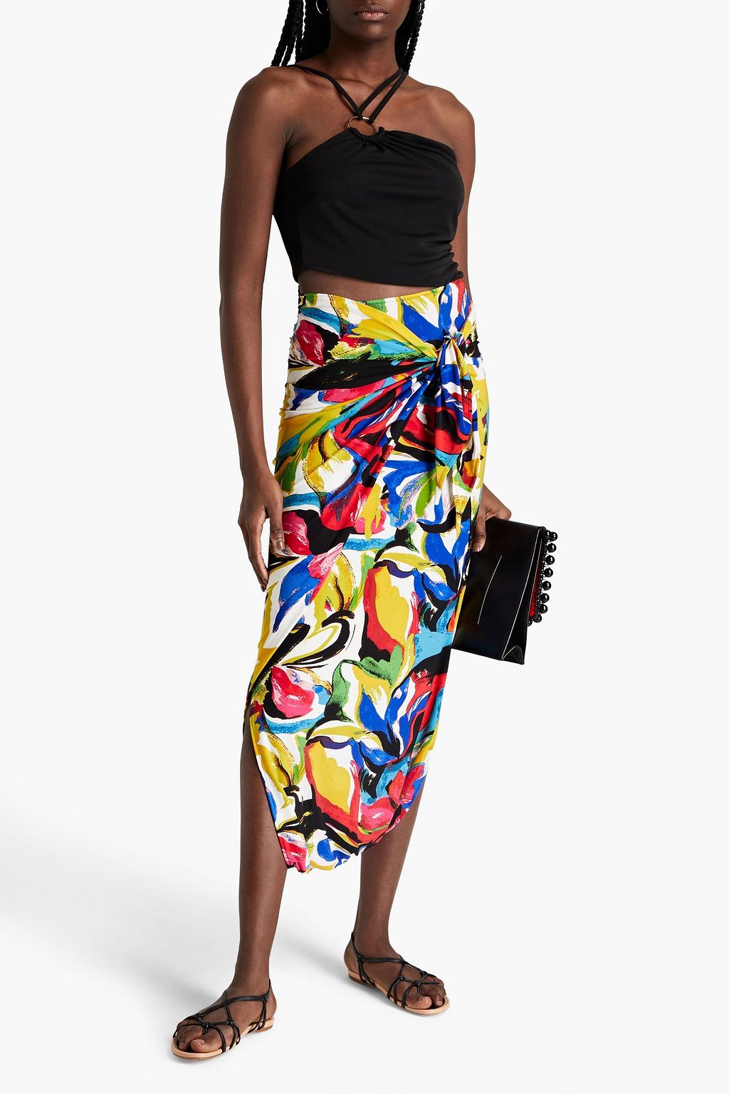 NORMA KAMALI Tie-front printed stretch-jersey midi skirt
