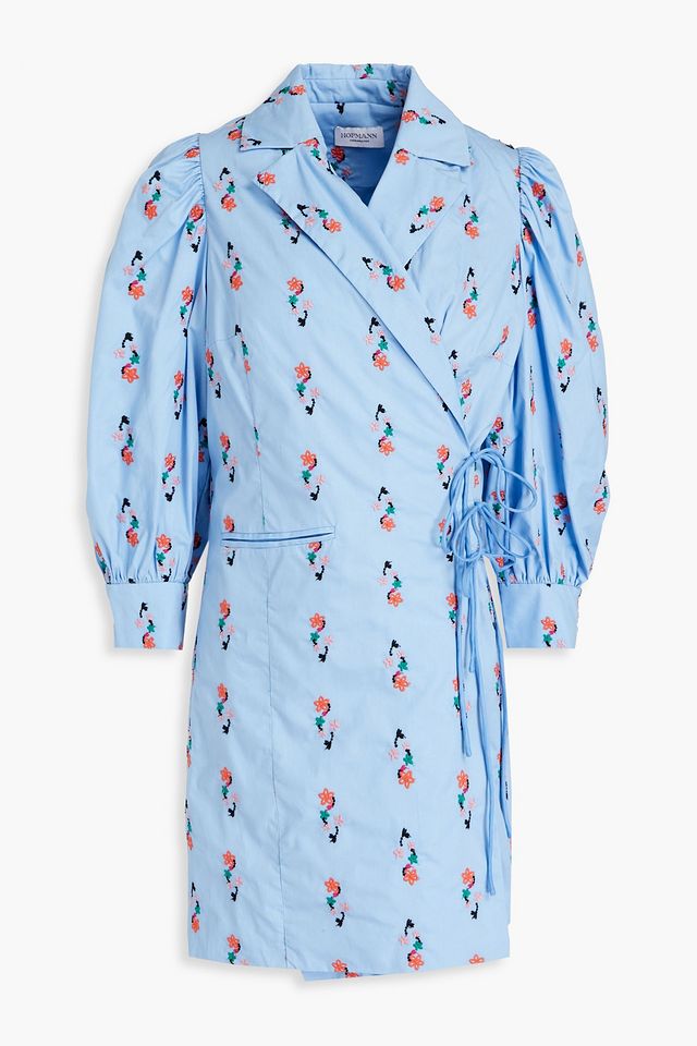 Embroidered organic cotton mini wrap dress