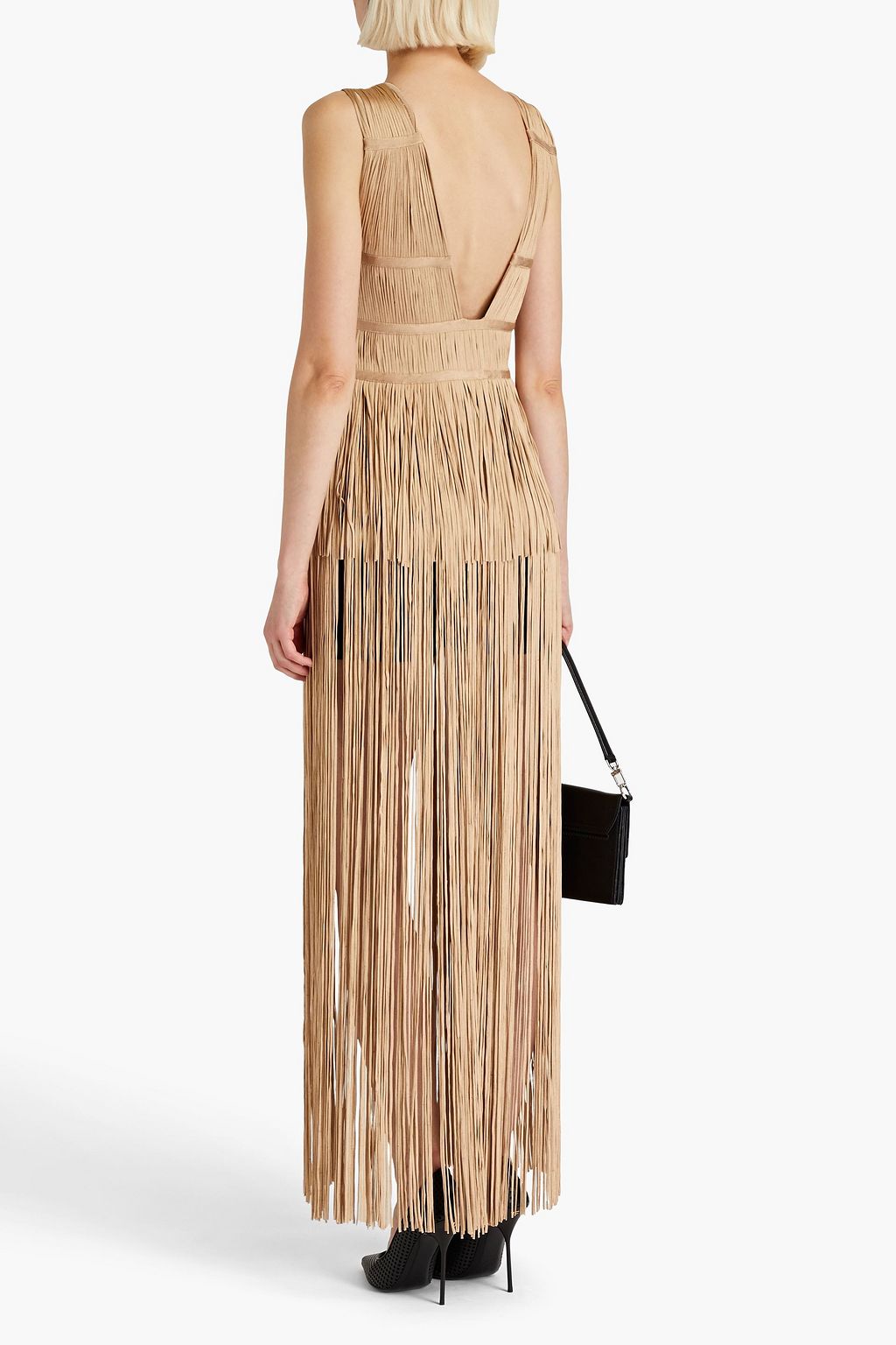 HERVÉ LÉGER Fringed cutout ribbed satin-jersey top