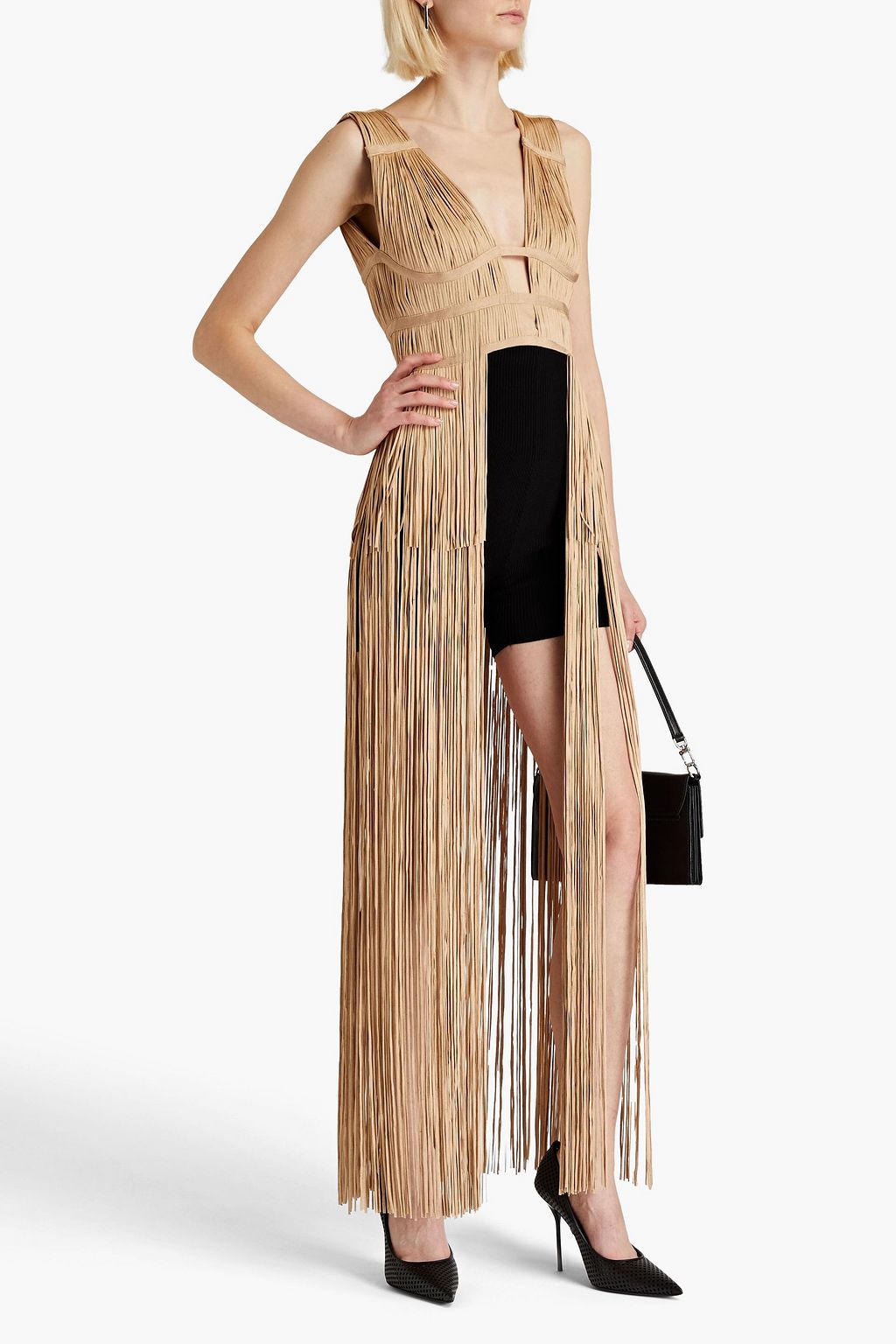 HERVÉ LÉGER Fringed cutout ribbed satin-jersey top
