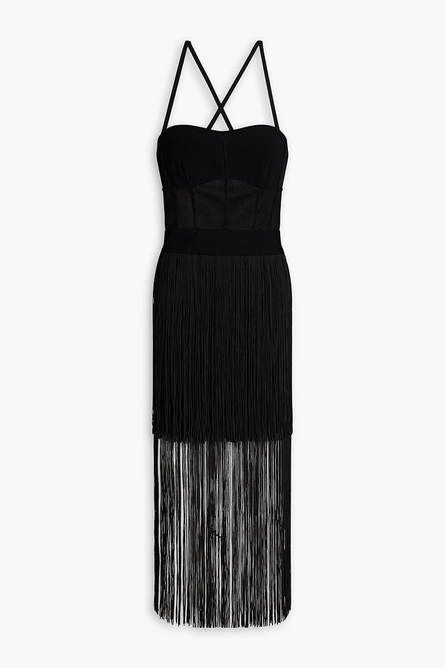 Fringed knitted-paneled ponte midi dress
