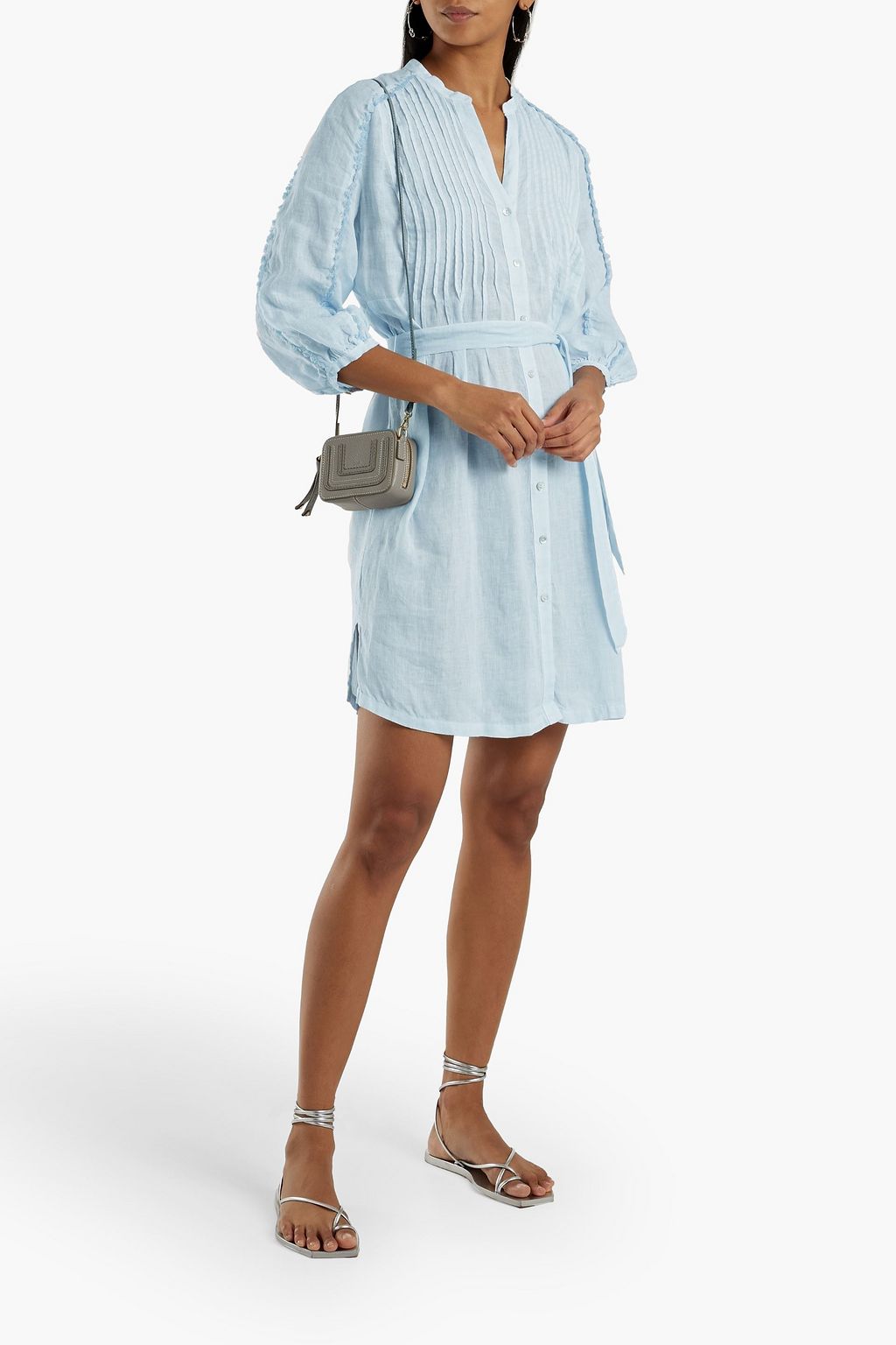 120% LINO Belted pintucked linen mini dress