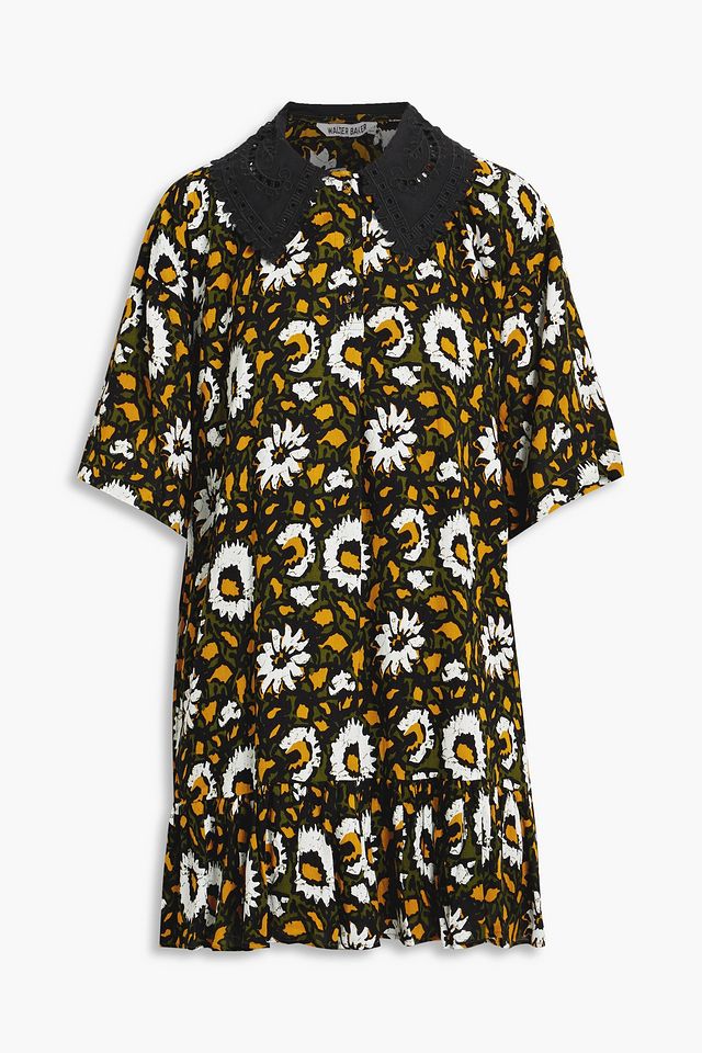Bionca broderie anglaise-trimmed printed gauze mini dress