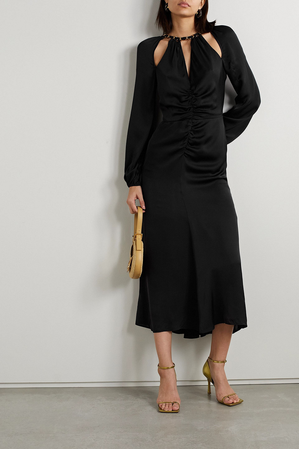 VERONICA BEARD FAYLA CHAIN-EMBELLISHED CUTOUT SILK-BLEND CHIFFON MIDI DRESS