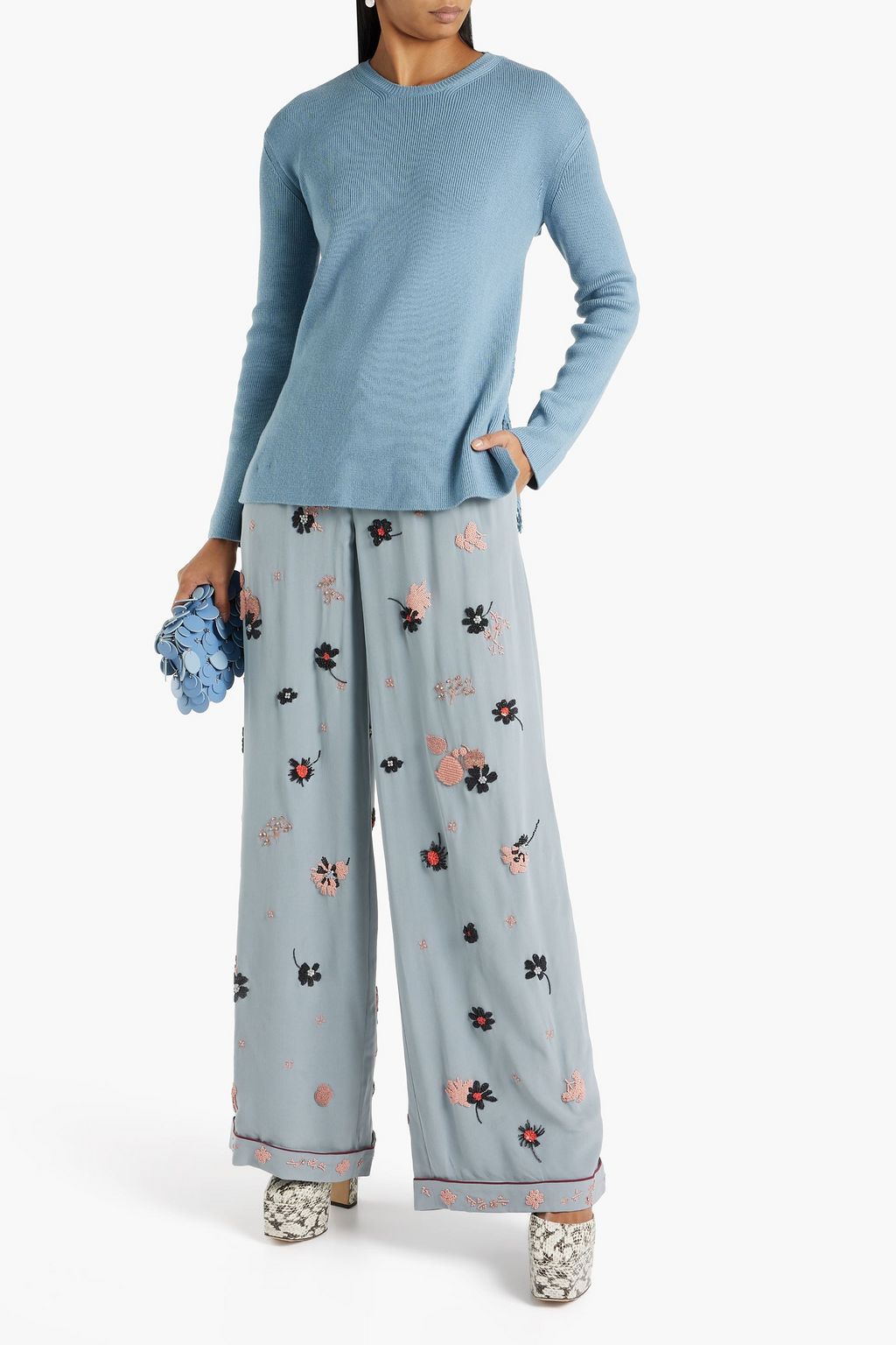 VALENTINO GARAVANI Embellished silk-crepe wide-leg pants