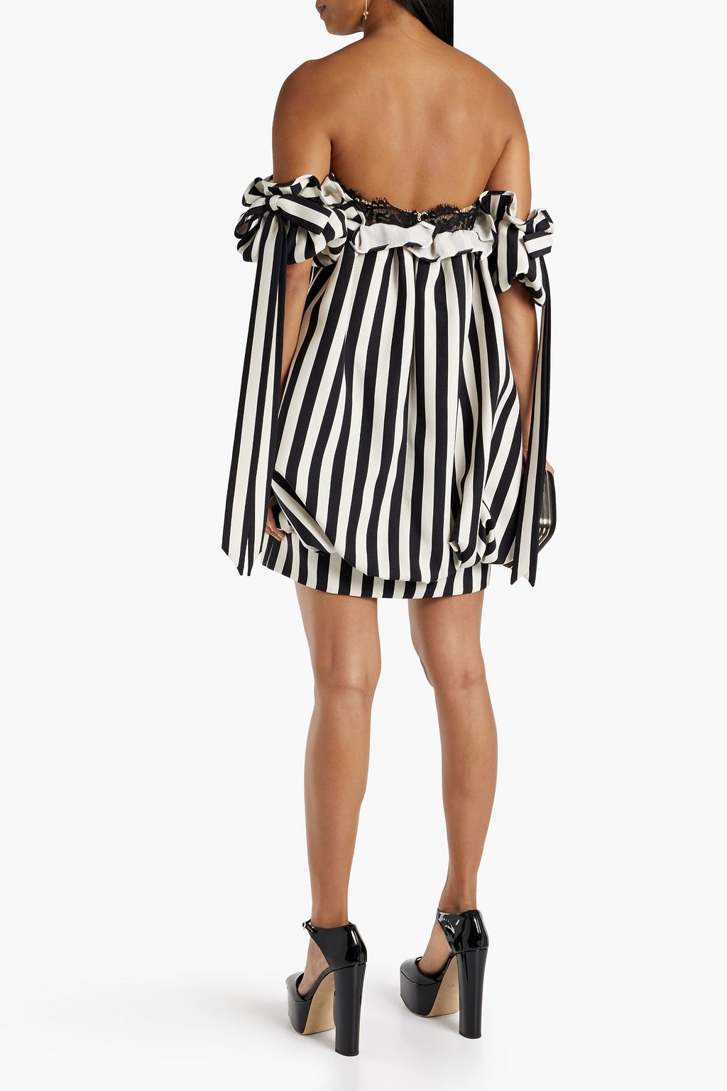 VALENTINO GARAVANI Off-the-shoulder striped wool and silk-blend crepe mini dress