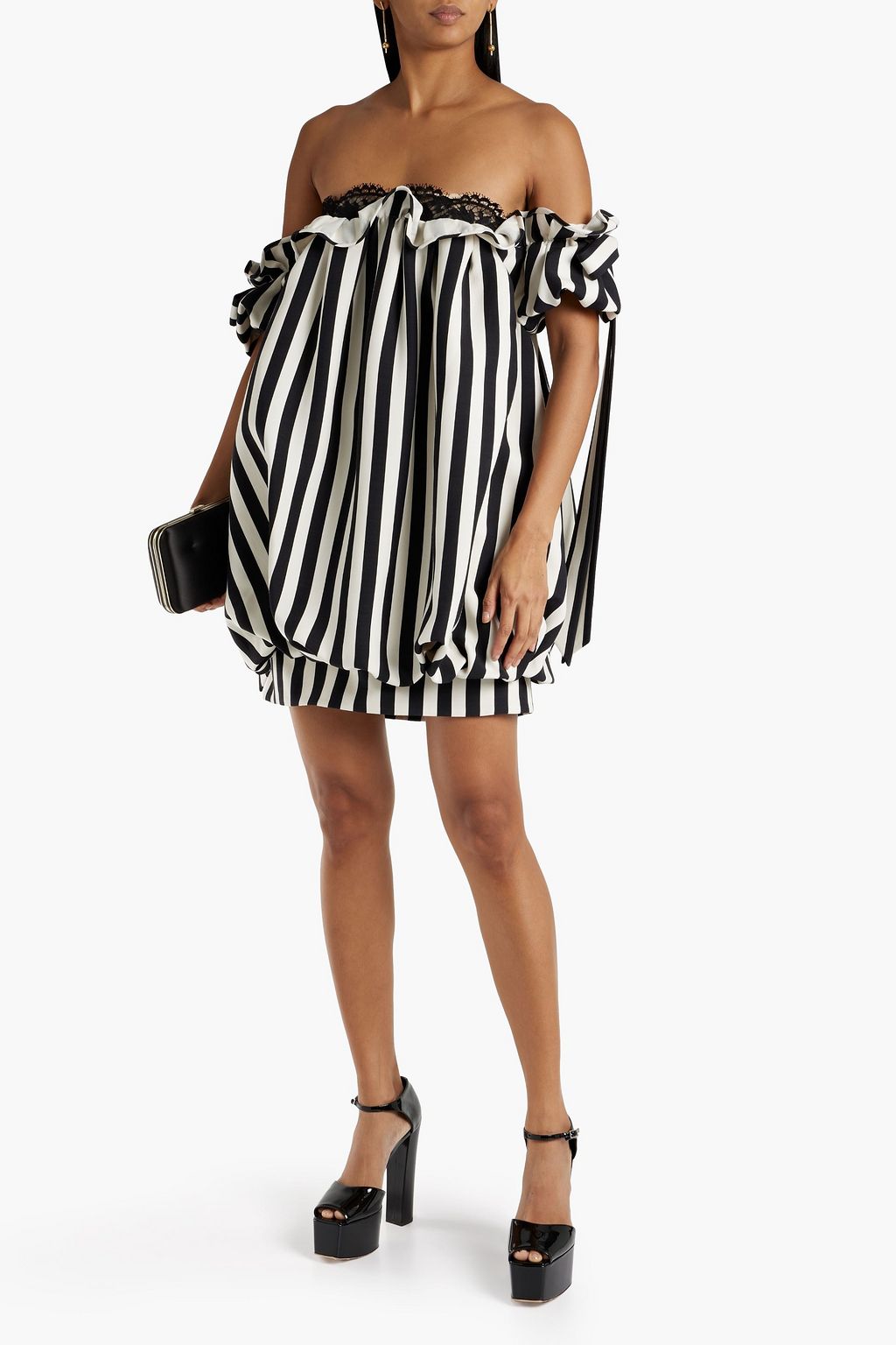 VALENTINO GARAVANI Off-the-shoulder striped wool and silk-blend crepe mini dress