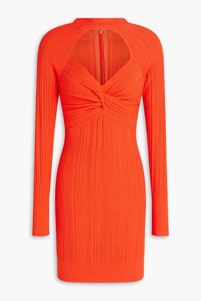 Twist-front cutout ribbed-knit mini dress