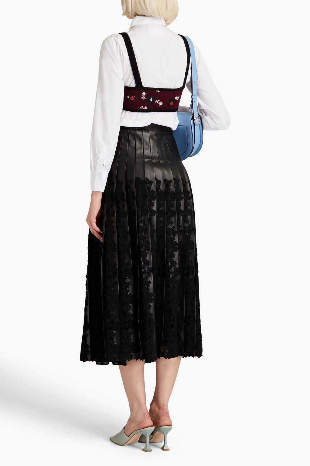 VALENTINO GARAVANI Pleated lace-trimmed leather midi skirt