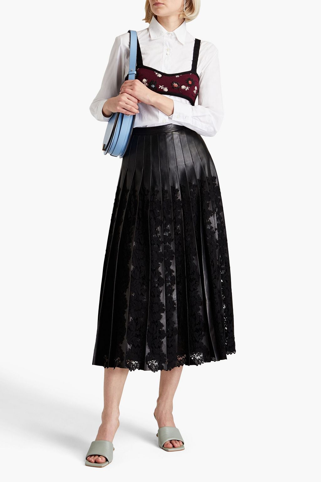 VALENTINO GARAVANI Pleated lace-trimmed leather midi skirt