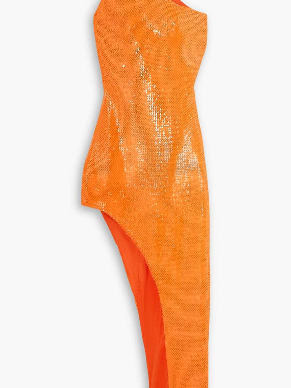 one-shoulder asymmetric sequined crepe midi dress