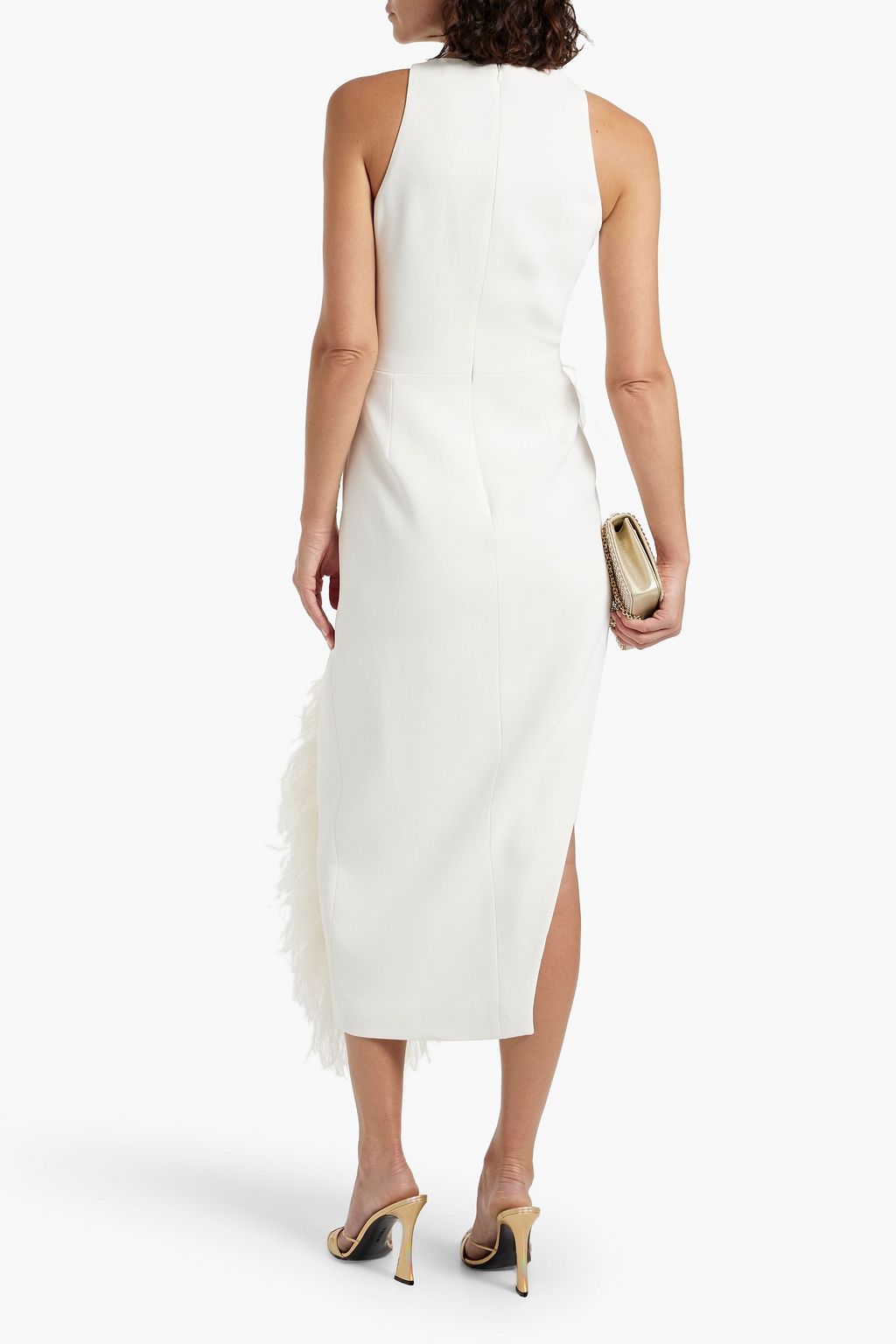 DAVID KOMA Asymmetric feather-trimmed cady midi dress