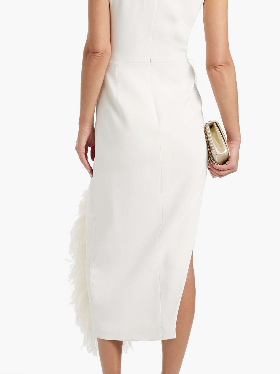 asymmetric feather-trimmed cady midi dress