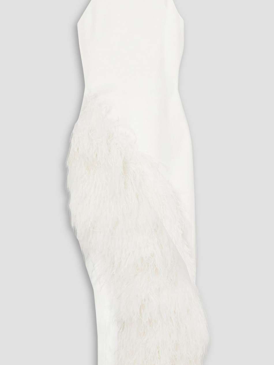 asymmetric feather-trimmed cady midi dress