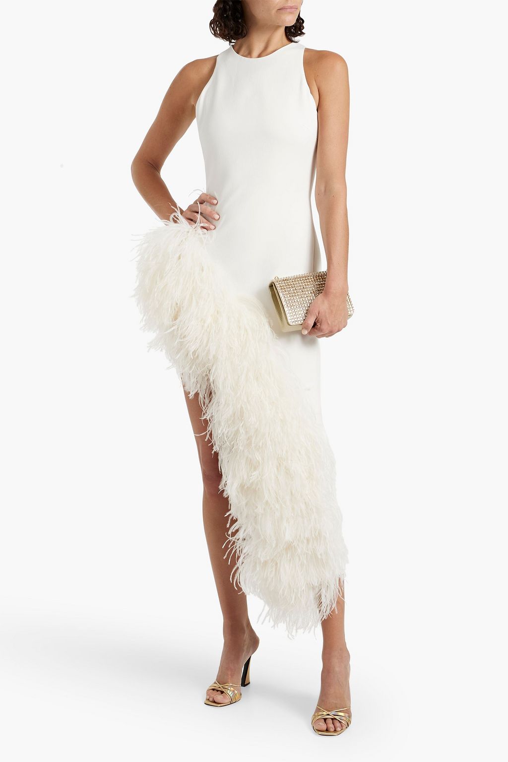 DAVID KOMA Asymmetric feather-trimmed cady midi dress