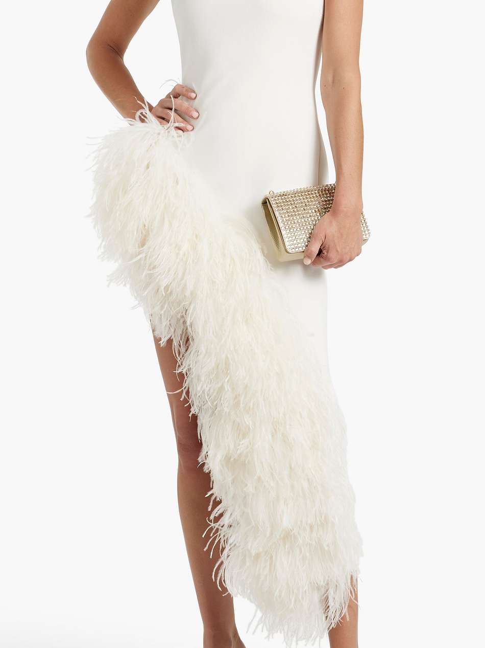 asymmetric feather-trimmed cady midi dress