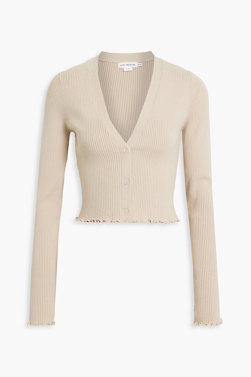 Good American Scalloped Ribbed Cotton-blend Cardigan In Beige