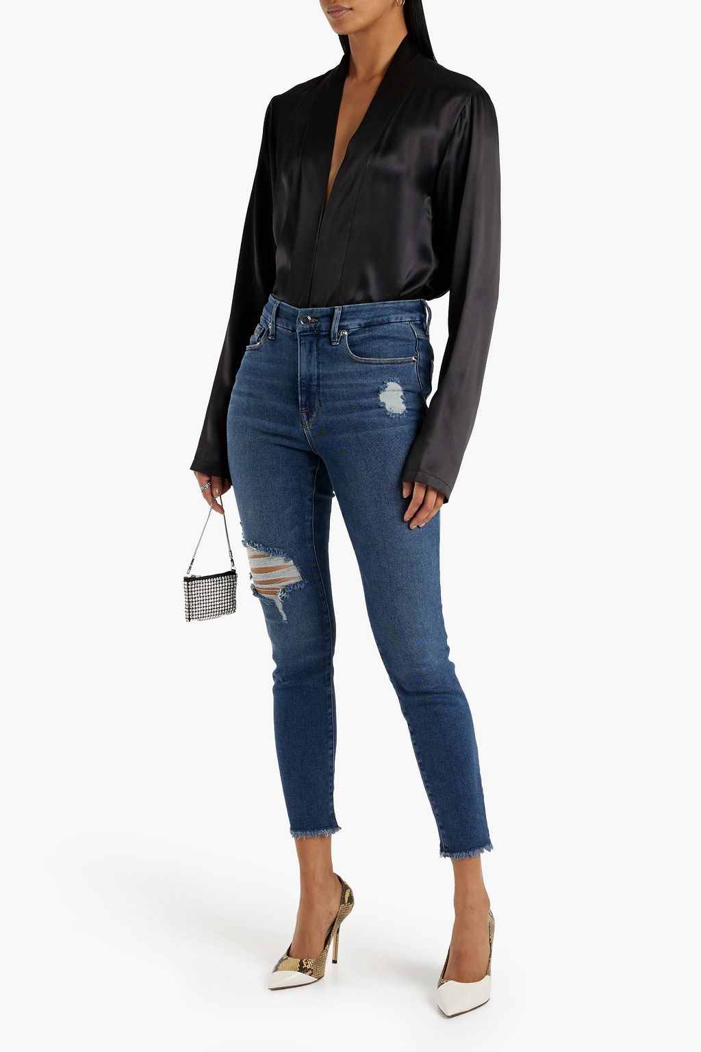GOOD AMERICAN Cropped distressed mid-rise skinny jeans