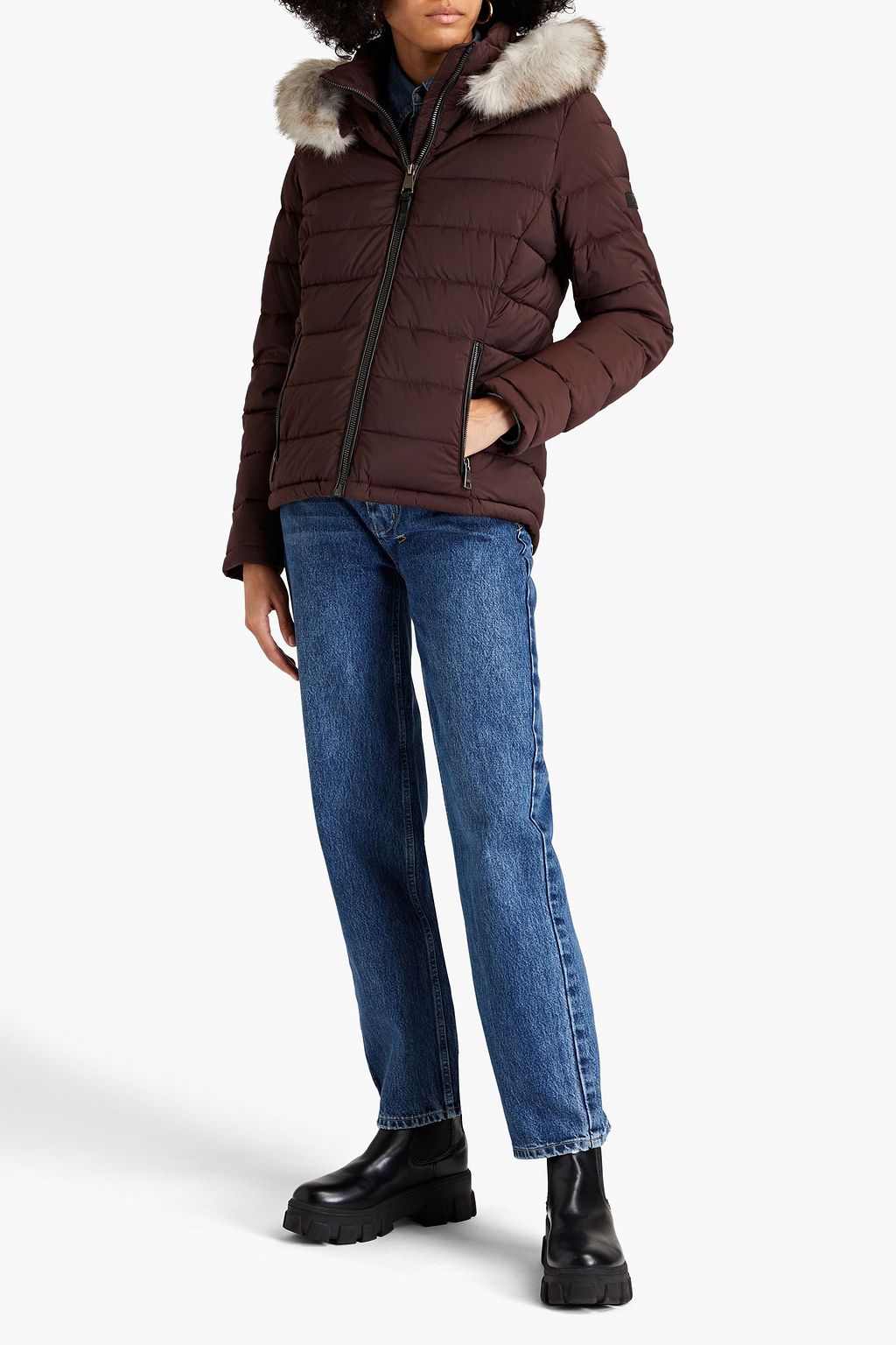 DKNY Faux fur-trimmed quilted shell hooded jacket