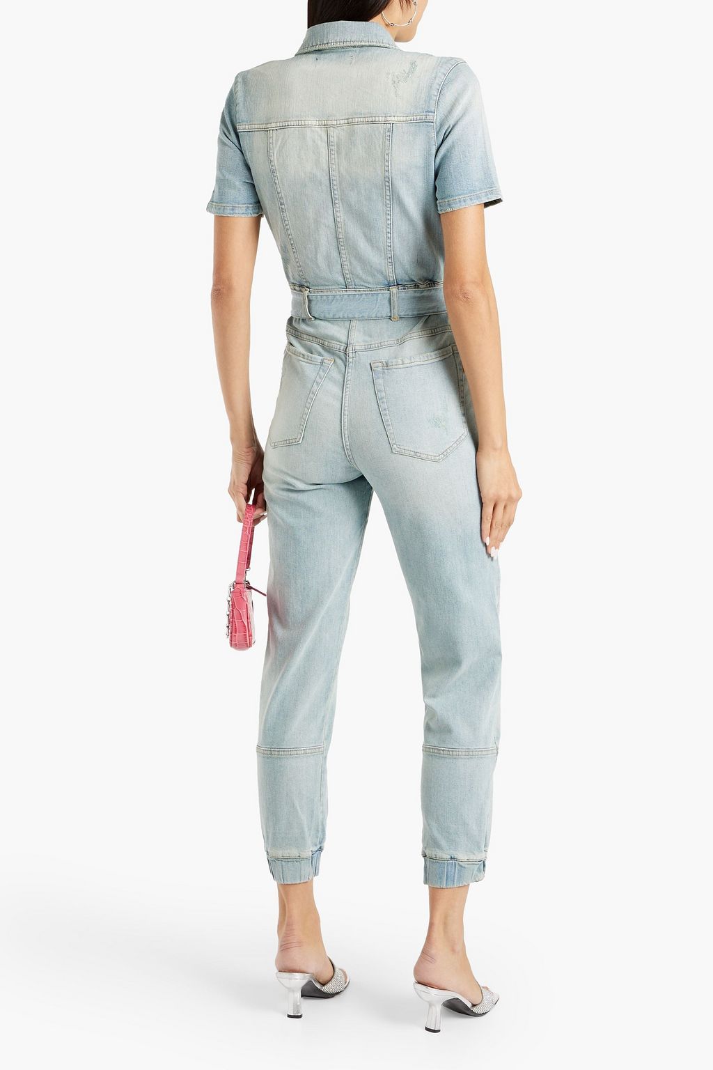RETROFÊTE Lacey distressed faded denim jumpsuit