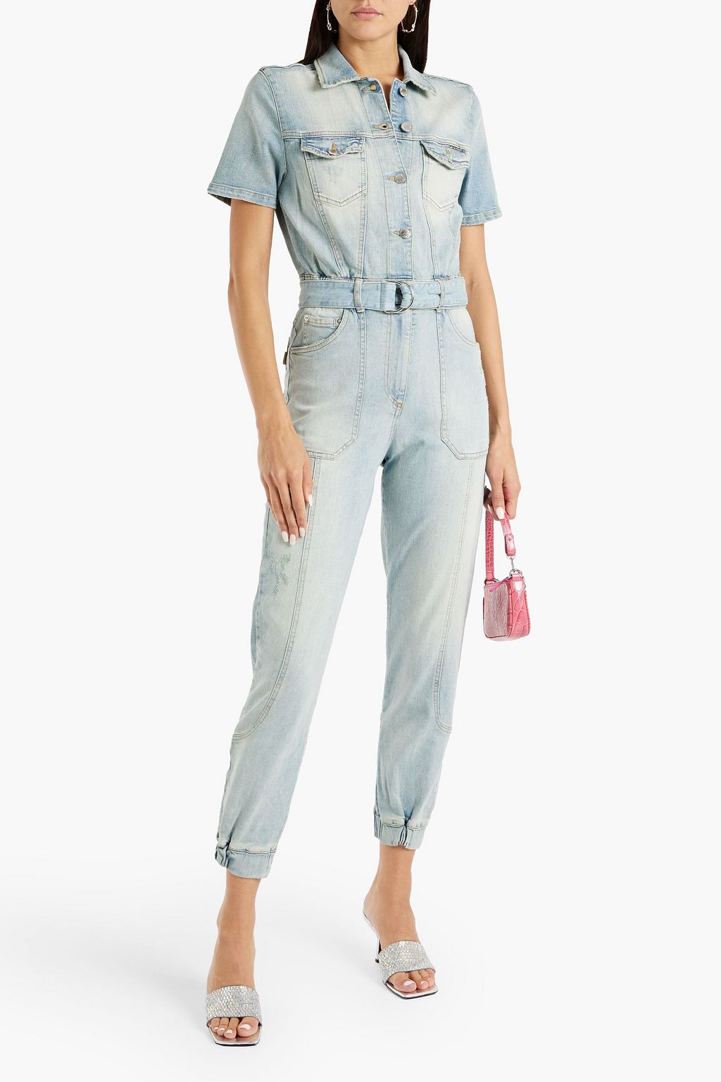 RETROFÊTE Lacey distressed faded denim jumpsuit