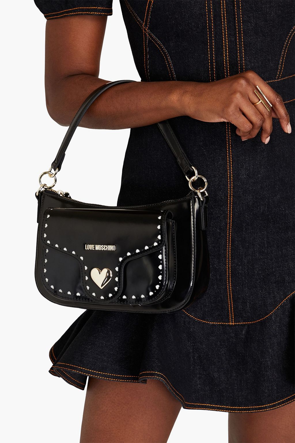 LOVE MOSCHINO Laser-cut glossed faux leather shoulder bag