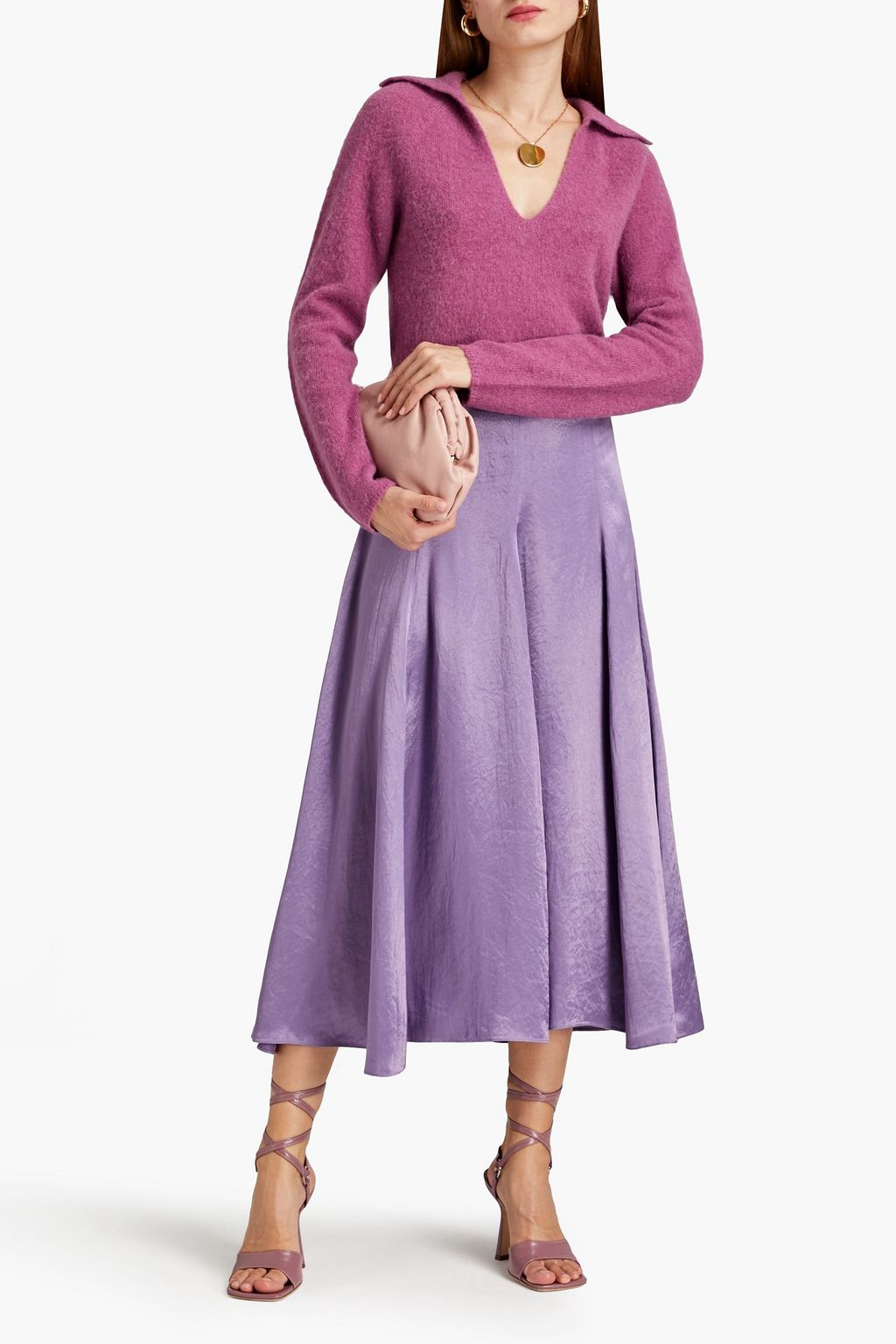 VINCE. Pleated satin midi skirt