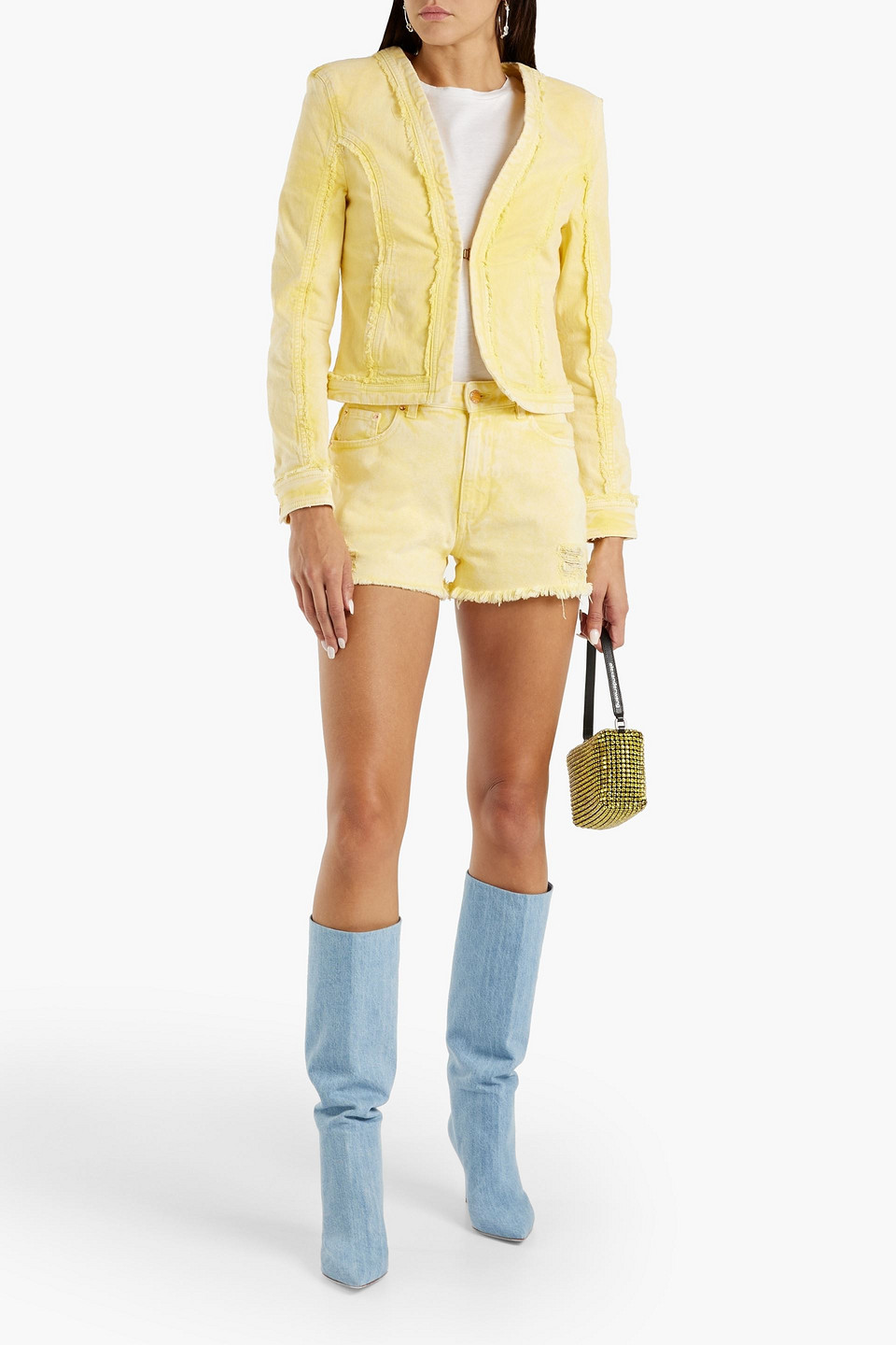 Shop Retroféte Suzi Distressed Denim Shorts In Pastel Yellow