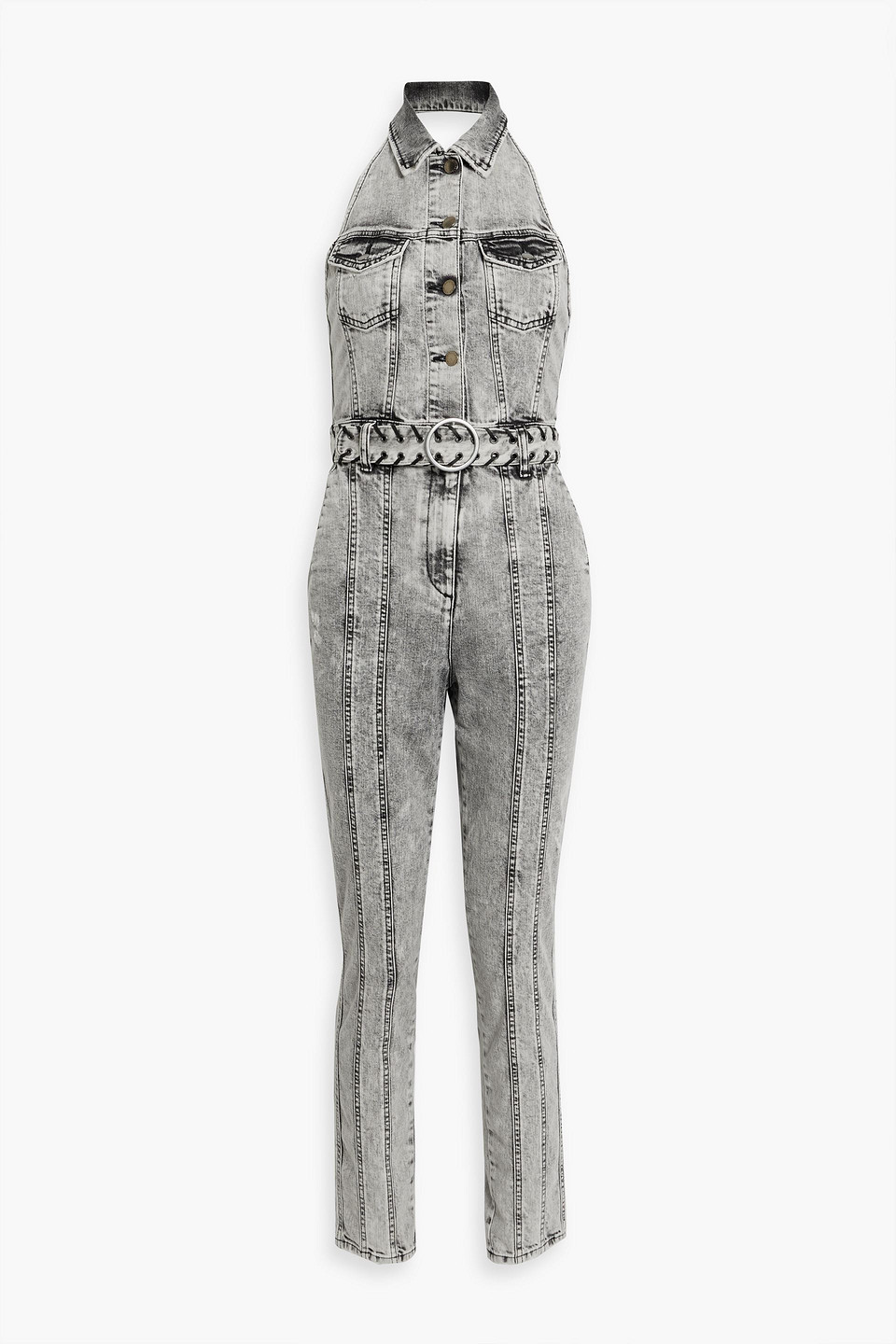 Shop Retroféte Ben Acid-wash Denim Halterneck Jumpsuit In Light Gray