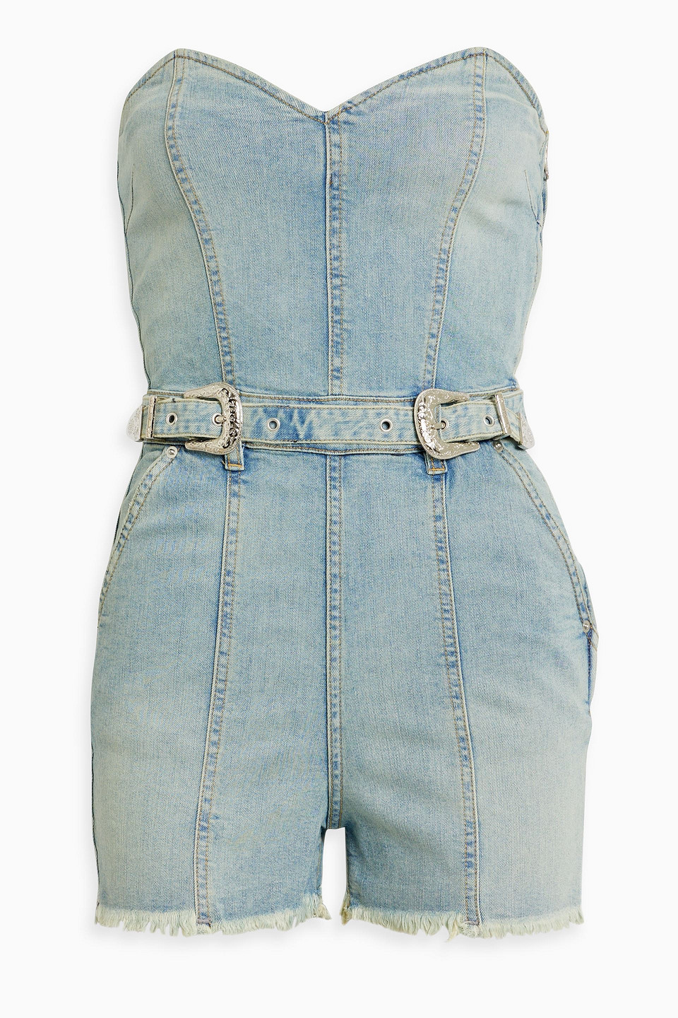 Retroféte Ula Strapless Denim Playsuit In Light Denim