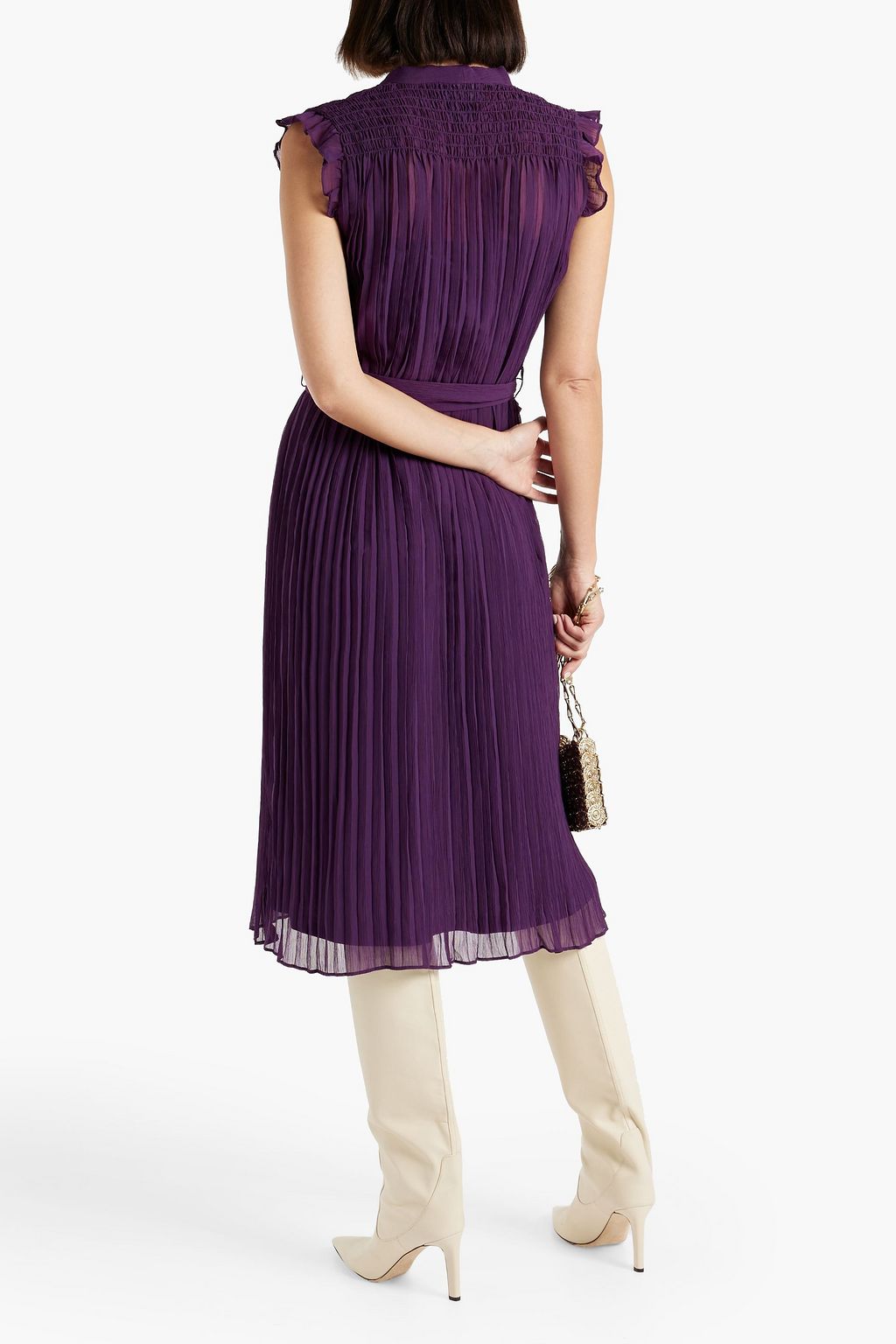 DKNY Tie-neck plissé-chiffon midi dress