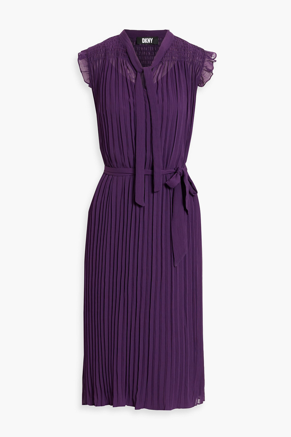 Tie-neck plissé-chiffon midi dress