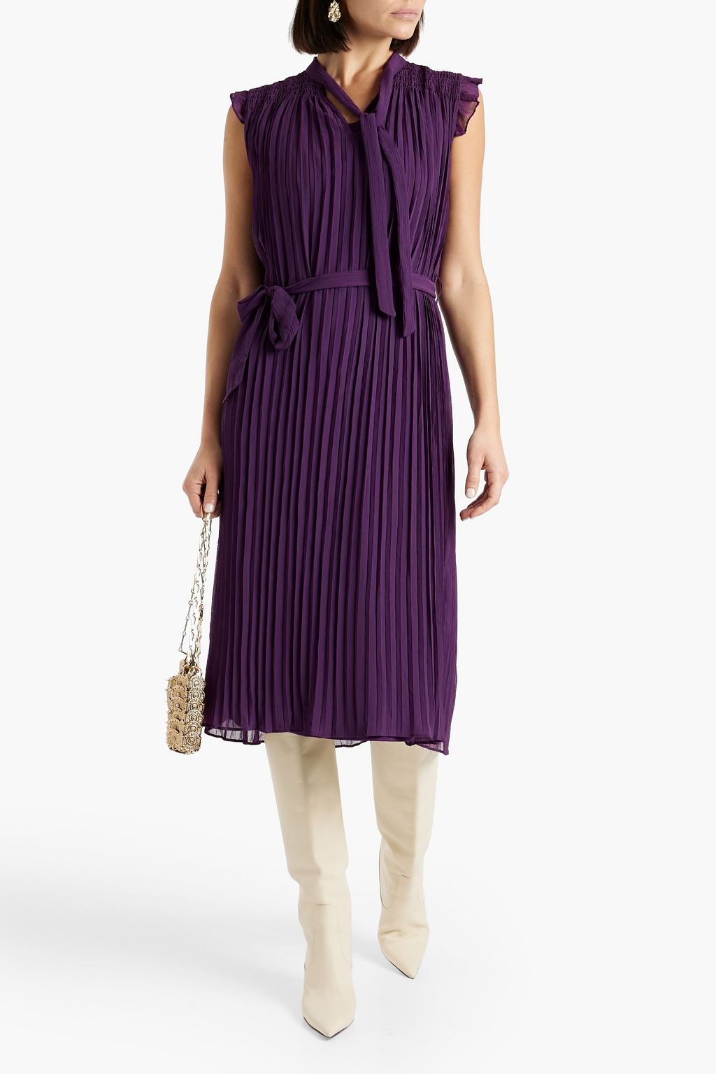 DKNY Tie-neck plissé-chiffon midi dress