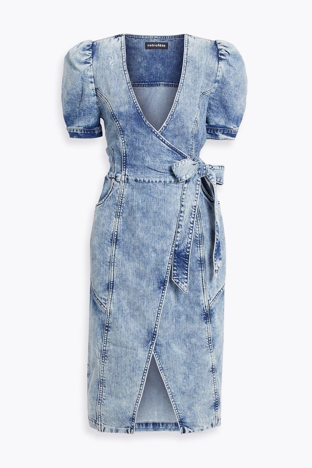 RETROFÊTE Zelda acid-wash denim midi wrap dress | THE OUTNET